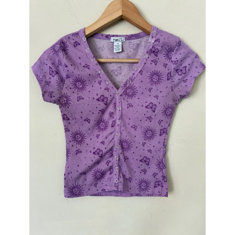 Rue21 Womens Purple Celestial Sun Butterfly Ribbed Snap Front Top XS